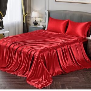 Full Soft Satin Bed Sheets Red Sheet Set, 1 Fitted + 1 Flat + 2 Pillowcases. New